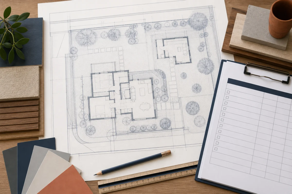 Overhead ADU site plan beside a blank cost worksheet, scale ruler and material samples.