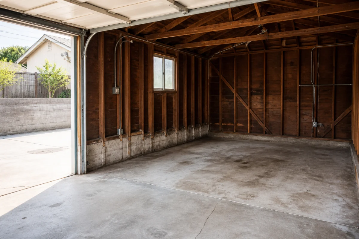 Empty Los Angeles-style garage interior showing exposed framing, concrete slab and an overhead door before conversion planning.